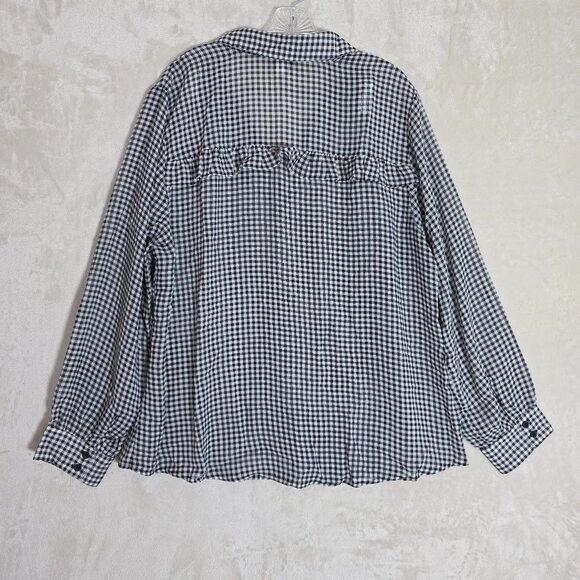 Torrid Plaid Black/White Button Up Ruffle Sheer Top Shirt Size 2 Long Sleeve - Picture 7 of 7